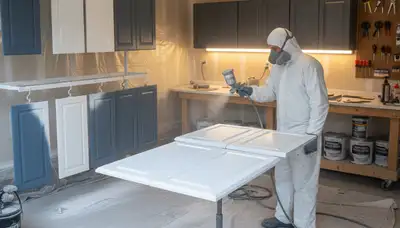 Professional cabinet painting in Greensboro NC using spray techniques for smooth, durable kitchen finishes