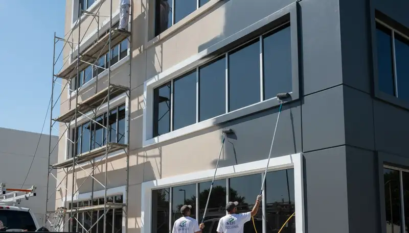 Professional commercial painters working on office exterior in Greensboro, NC