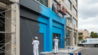 Professional commercial painters working on office building exterior in Greensboro, NC