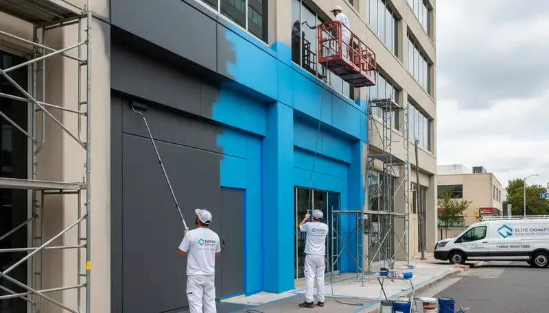 Professional commercial painters working on office building exterior in Greensboro, NC