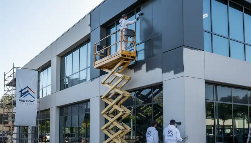 Professional commercial painters working on office exterior in Greensboro, NC