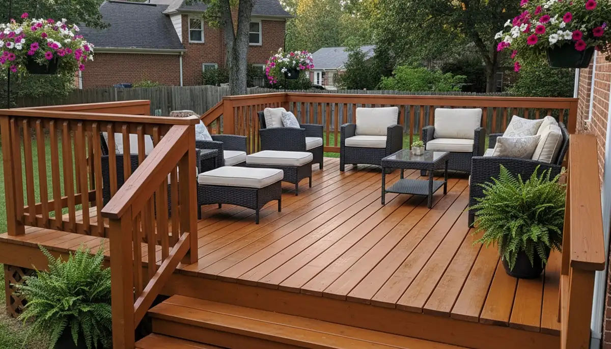 Finished deck staining in Greensboro NC highlighting rich wood tones and durable weather‑resistant finish