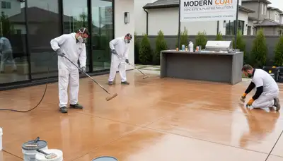 Professional concrete staining on residential patio in Greensboro, NC by expert house painters