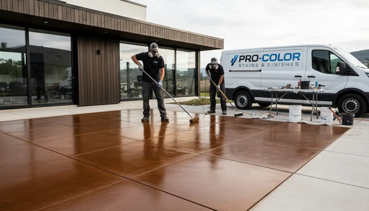 Professional concrete staining on residential patio in Greensboro, NC by expert house painters