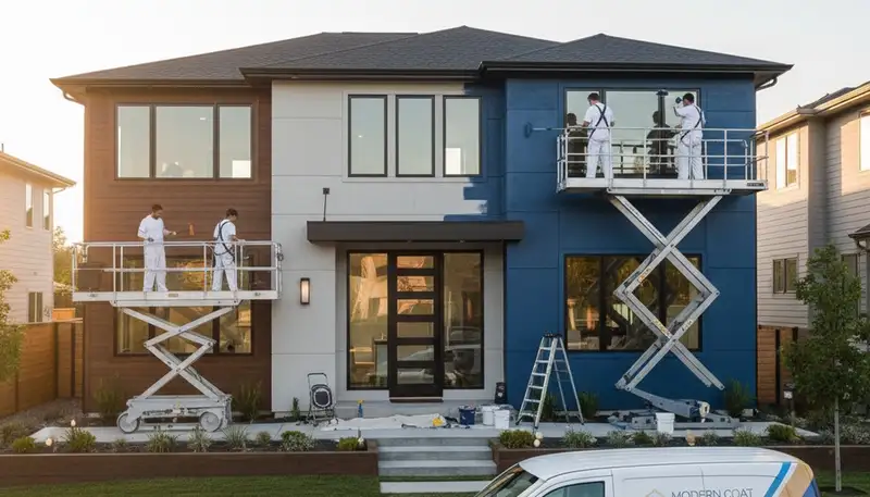Professional exterior house painters working on a Greensboro NC home with durable weatherproof paint