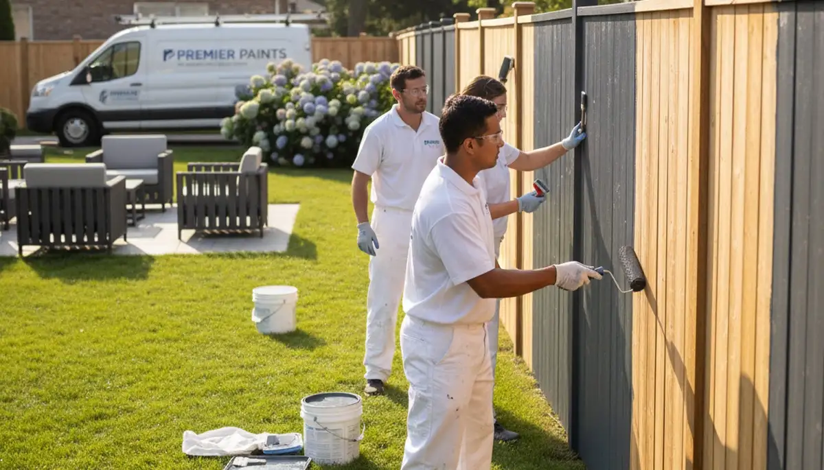 Professional fence painting in Greensboro NC showing painters applying weather-resistant wood coating