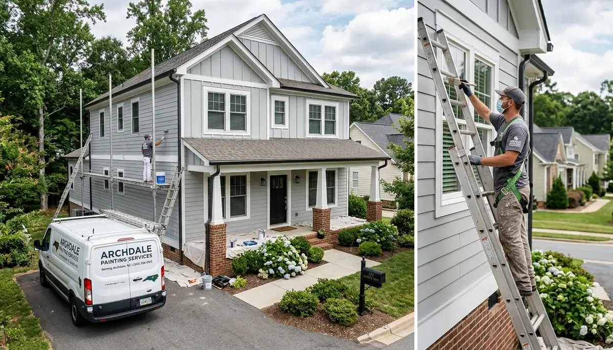 Professional house painters finishing exterior home in Greensboro, NC