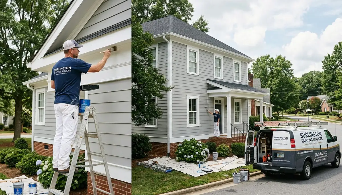Professional house painters in Greensboro NC applying exterior paint to a residential home