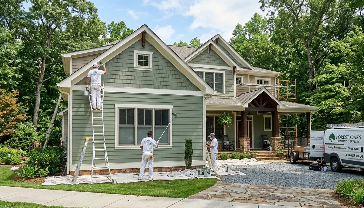 Professional house painters finishing exterior home in Greensboro NC