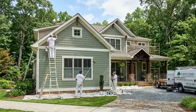 Professional house painters finishing exterior home in Greensboro NC