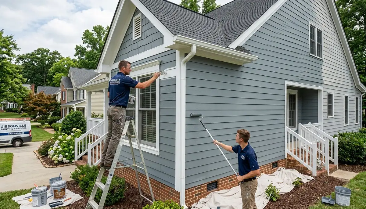 Professional house painters in Greensboro NC applying exterior paint to a residential home