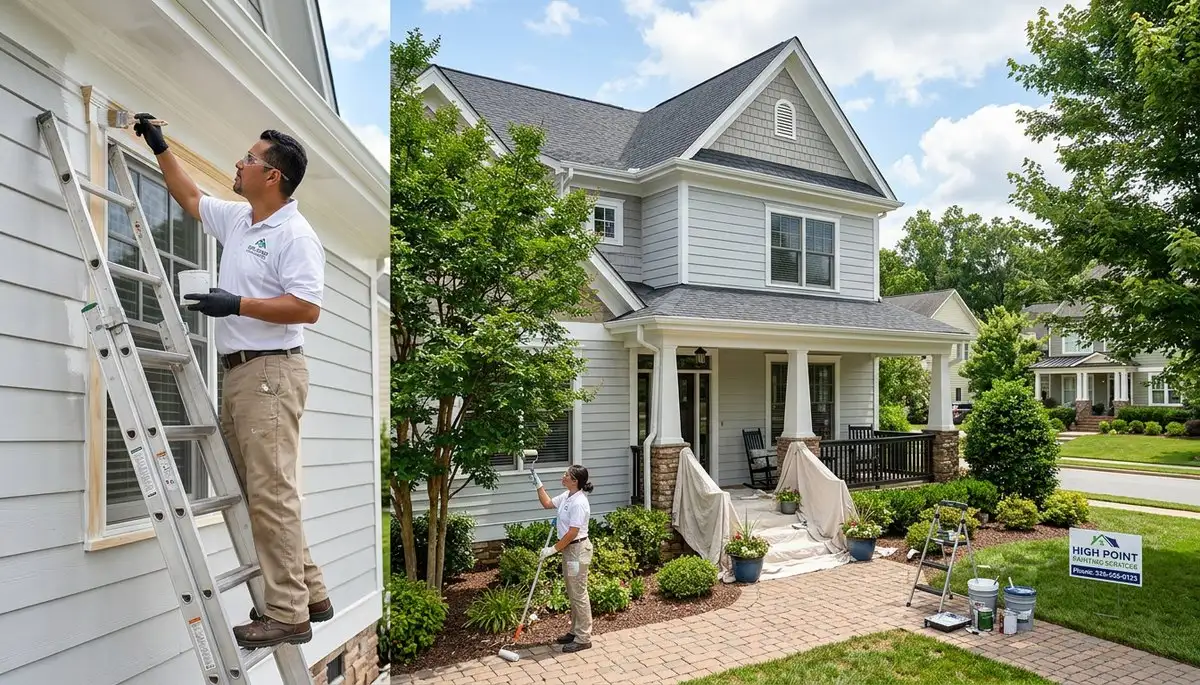 Professional house painters in Greensboro NC applying exterior paint to a residential home
