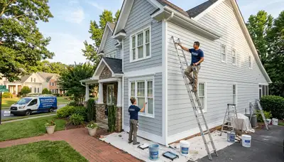 Professional house painters in Greensboro NC applying exterior paint to a residential home façade