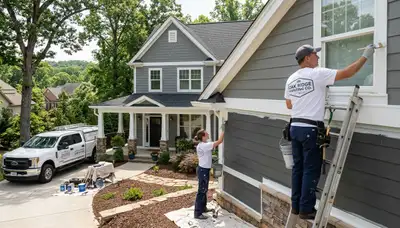 Professional house painters in Greensboro NC applying exterior paint to a residential home