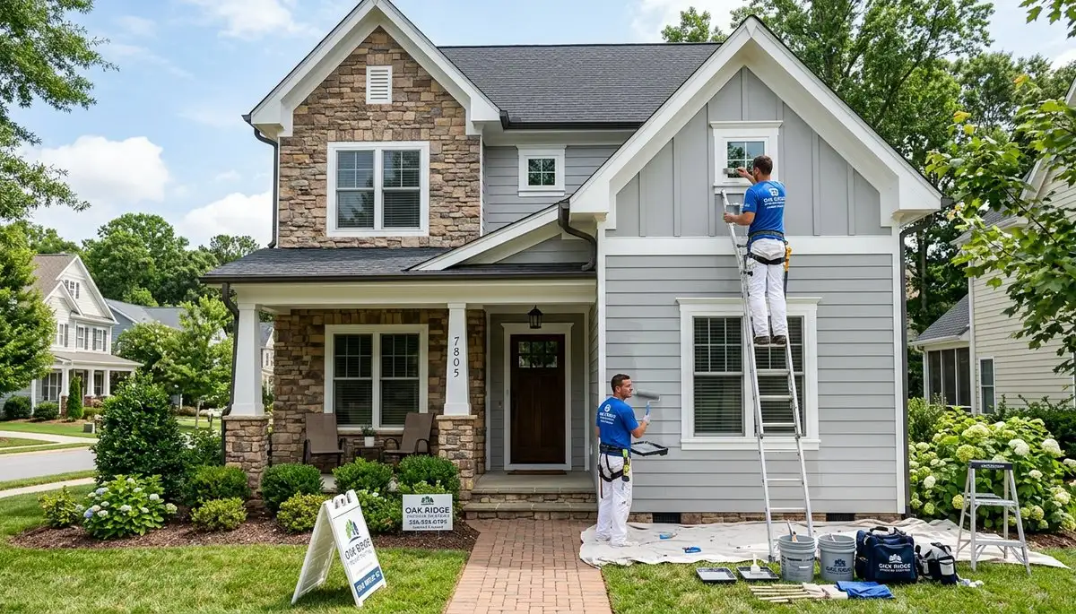 Professional house painters working on home exterior in Greensboro NC
