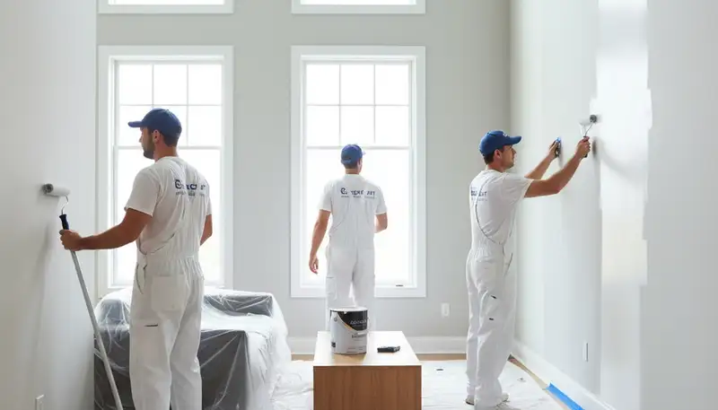 Professional interior house painters working on a living room in Greensboro, NC