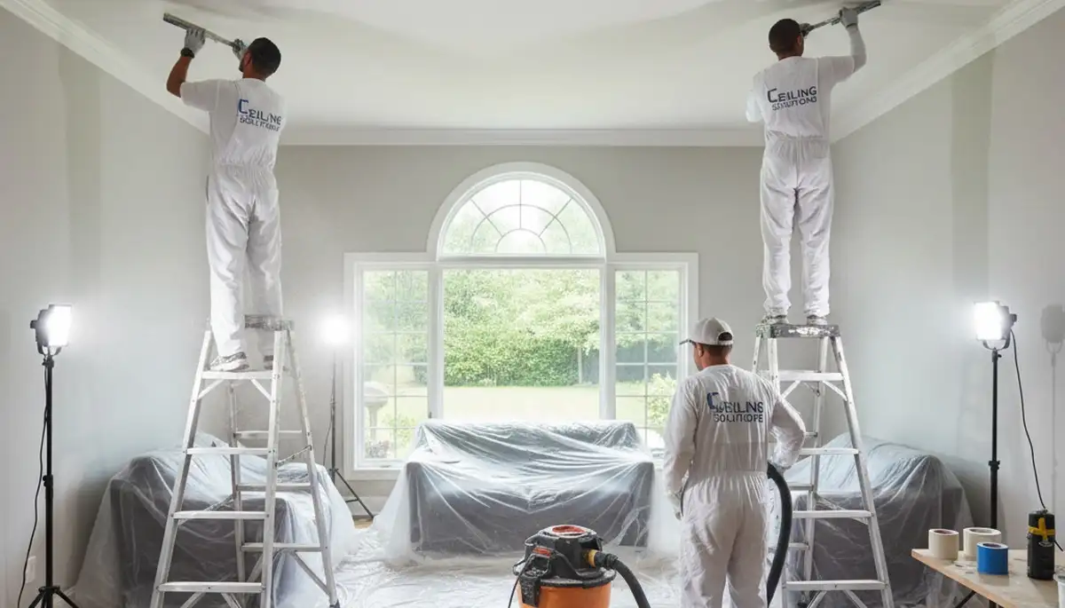 Professional popcorn ceiling removal by house painters in Greensboro, NC transforming smooth ceilings