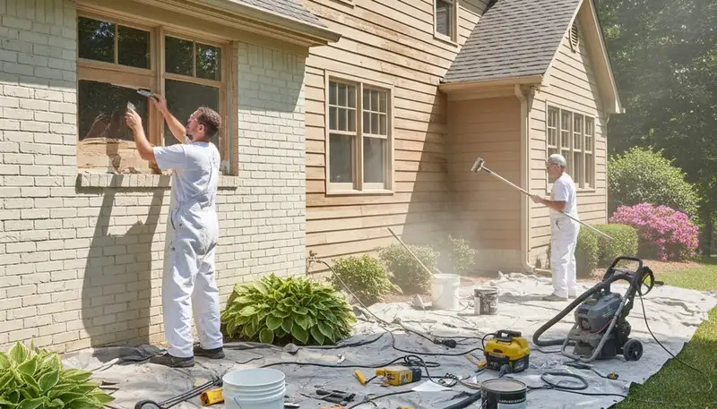 Professional surface preparation for exterior house painting in Greensboro, NC ensuring durable finishes