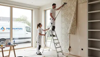Professional wallpaper removal by house painters in Greensboro, NC preparing walls for repainting