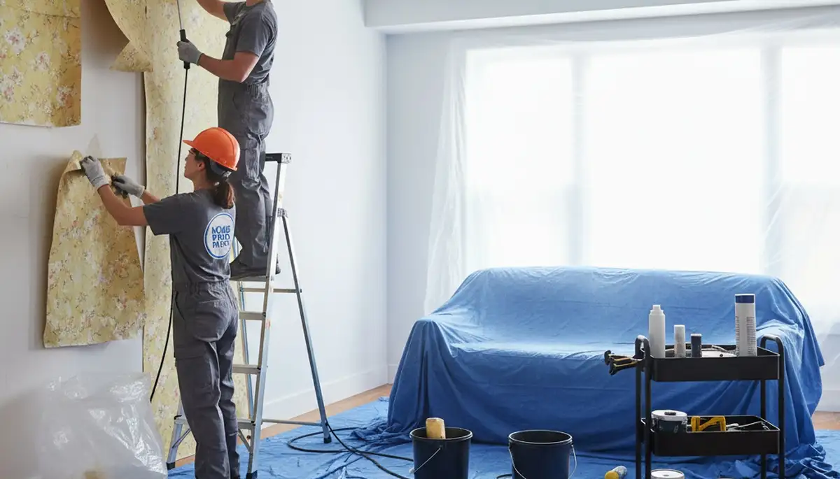 Professional wallpaper removal by house painters in Greensboro, NC preparing walls for fresh paint